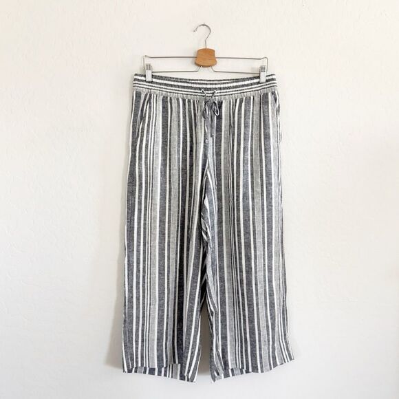 Banana Republic Linen Blend Pull On Crop Wide Leg Pants Striped Coastal Sz M - Picture 3 of 7